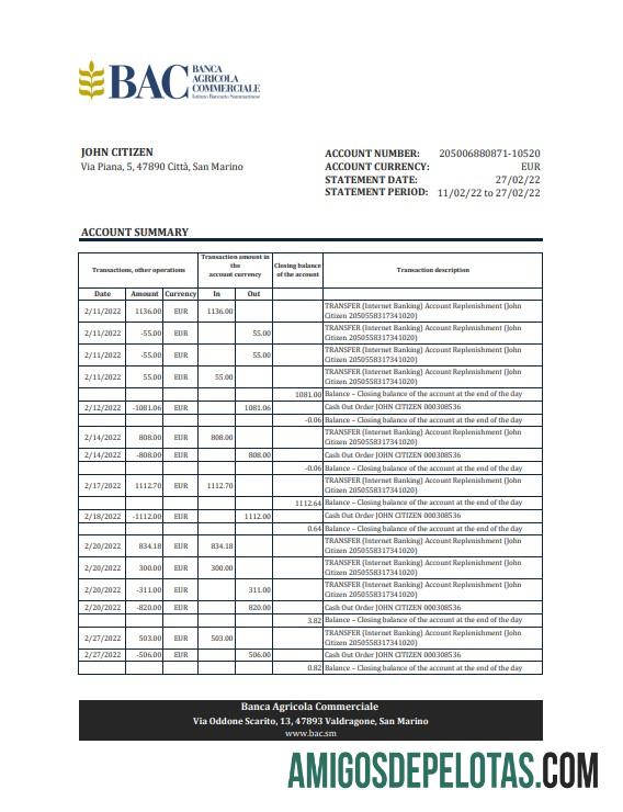 Extrato bancário em branco do San Marino Banca Agricole Commerciale, modelo Excel e PDF